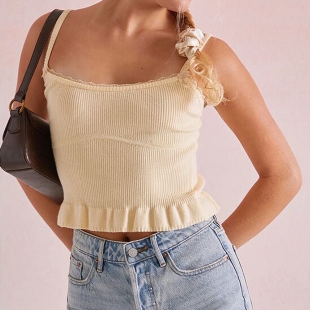 Beverly & Beck Butter Yellow Ribbed Ruffle Hem Cami Tank Top